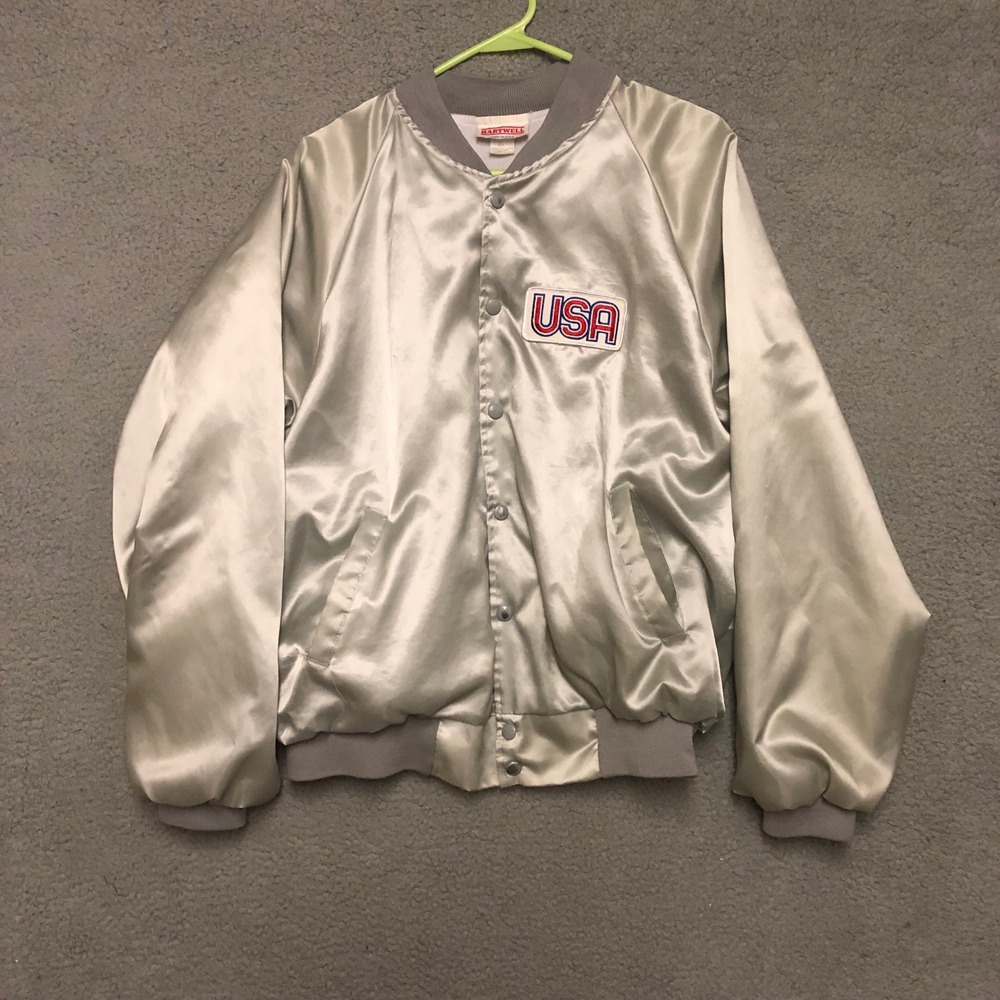 Vtg 1980s Hartwell USA Satin Bomber Jacket Silver Grey Varsity Snap Front L
